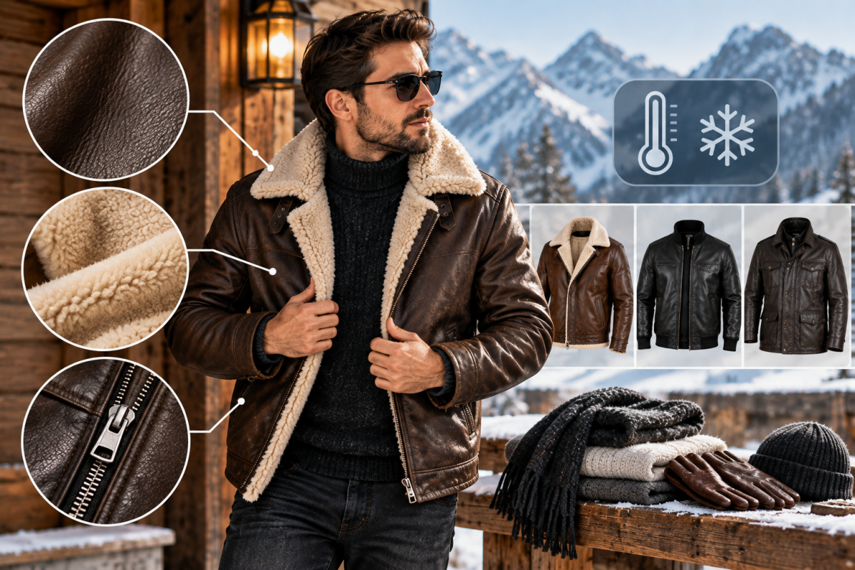Men's winter leather jacket guide showing shearling lining, leather texture, zipper details, jacket styles, and cold-weather accessories.
